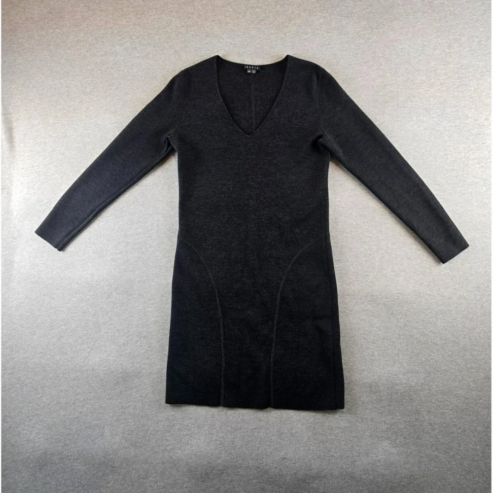 Theory Talli Evian Stretch Wool V-Neck Sweater Knit Dress Size Medium‎ Black